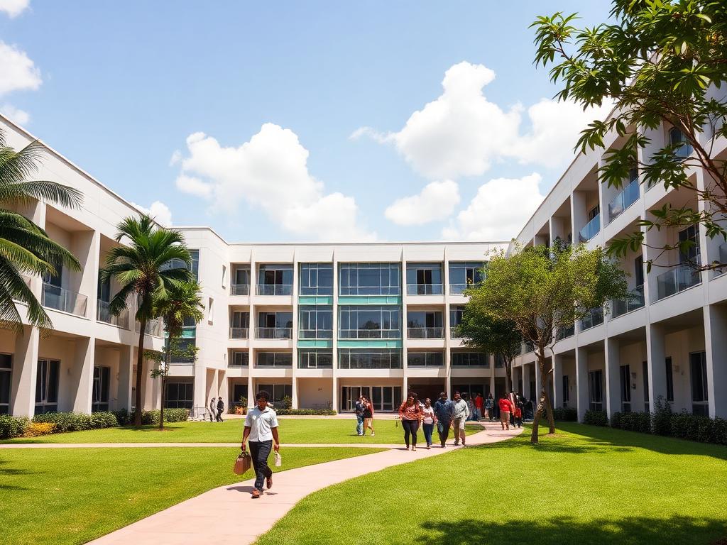 The Life Link College campus with students walking between buildings