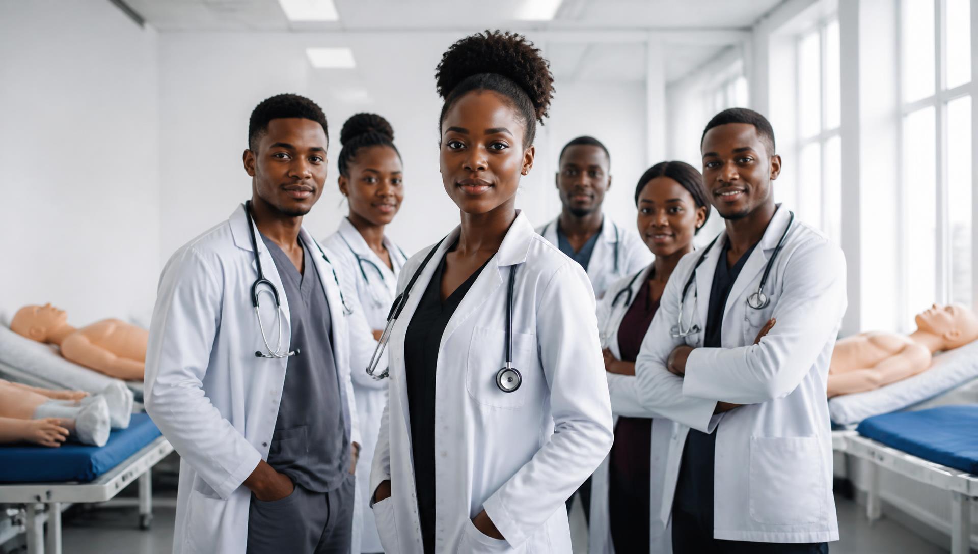 Life Link College students in white lab coats in a modern skills laboratory